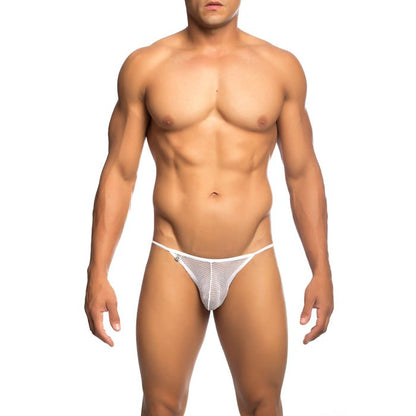 Mob men’s fishnet bikini in white mesh with subtle pattern and thin elastic waistband shown from the back side