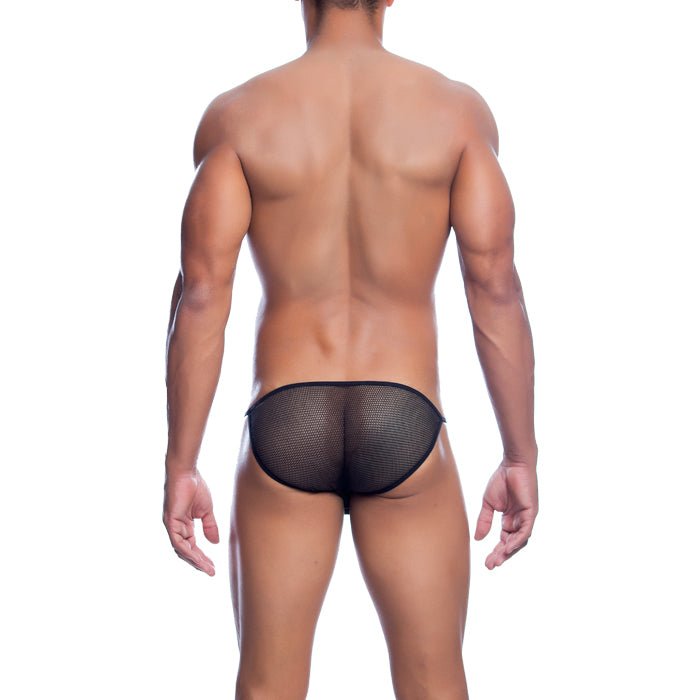 Black mesh briefs with a snug form-fitting design from mob men’s fishnet bikini final sale collection