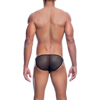 Black mesh briefs with a snug form-fitting design from mob men’s fishnet bikini final sale collection