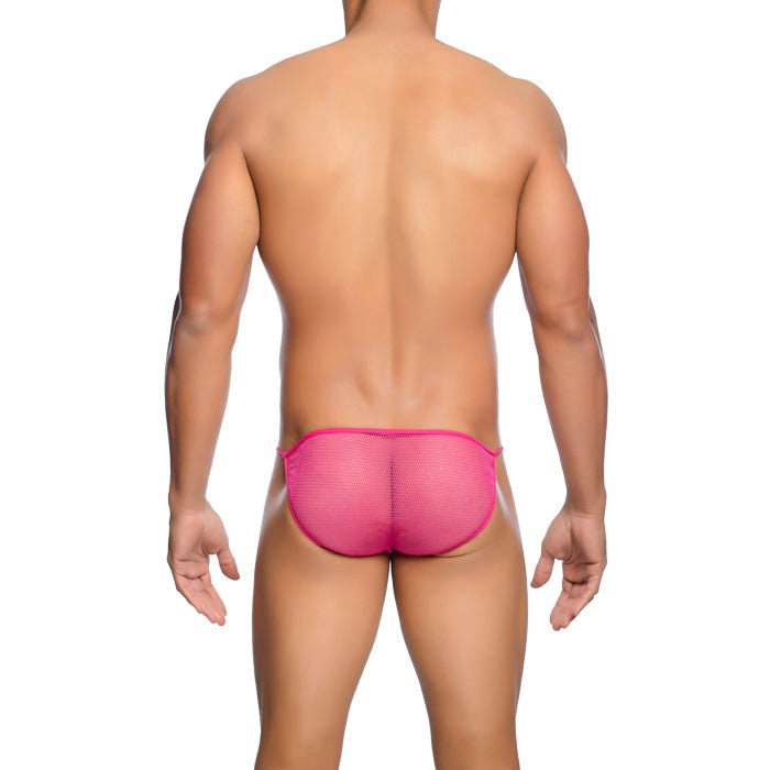 MOB men’s bright pink fishnet bikini briefs featuring mesh material perfect for final sale