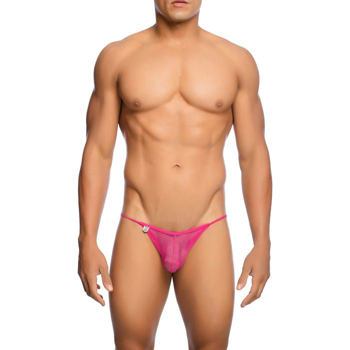 Back view of mob men’s fishnet bikini in bright pink mesh with a small silver clasp at the back