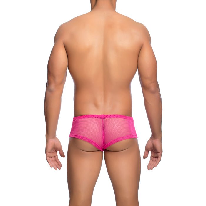 Mob men’s fishnet boxer short bright pink mesh briefs with snug form-fitting design shown from the back side
