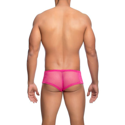 Mob men’s fishnet boxer short bright pink mesh briefs with snug form-fitting design shown from the back side