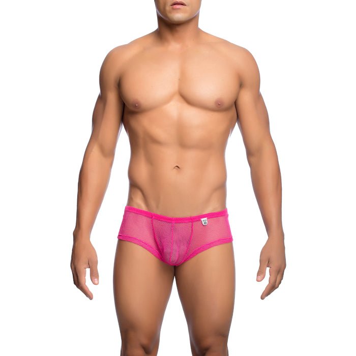 Mob men’s fishnet boxer short in bright pink mesh briefs with a snug form fitting design visible from the front