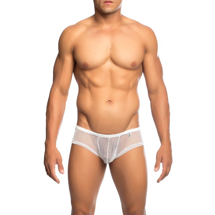 White mesh fishnet boxer shorts for men with subtle pattern and small logo on waistband from mob final sale