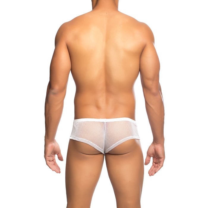 White mesh fishnet briefs for men with a snug form-fitting design from mob men’s final sale collection