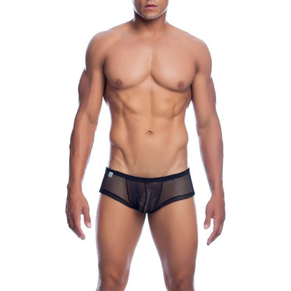 Black mesh briefs with a solid black waistband from mob men’s fishnet boxer short final sale shown from the front
