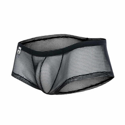 Black mesh mob men’s fishnet boxer short with solid black elastic waistband and reinforced seams