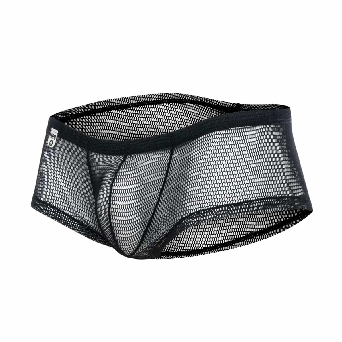 Black mesh briefs with solid black elastic waistband and reinforced seams from MOB men’s fishnet boxer short final sale