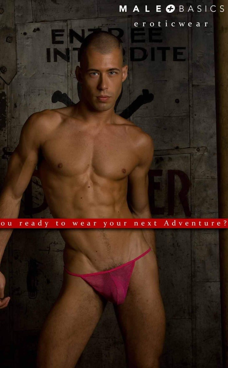 Bright pink sheer mesh fishnet thong from mob mens basics eroticwear shown from the back for final sale