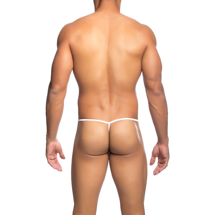 White seamless thin thong underwear with fishnet design for men by mob shown from the back side