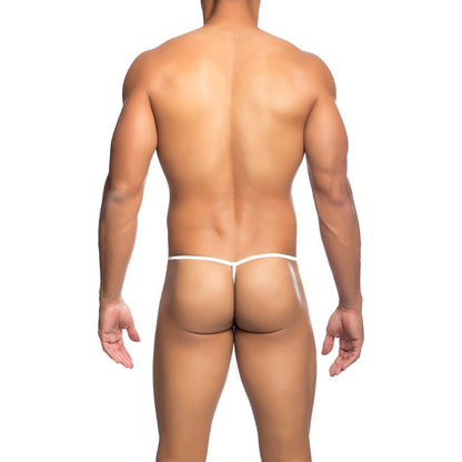 White seamless thin thong underwear with fishnet design for men by mob shown from the back side