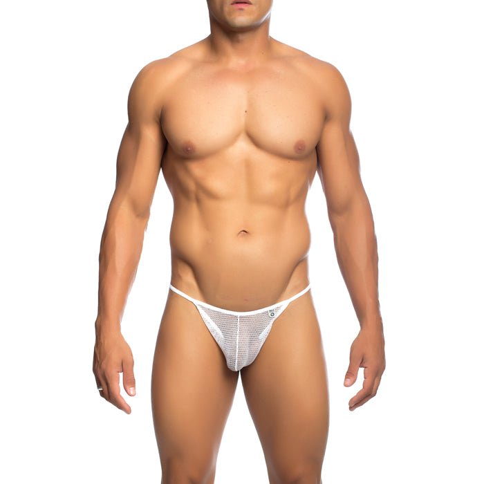 Mob men’s white fishnet thong with subtle pattern and small logo on waistband final sale product image