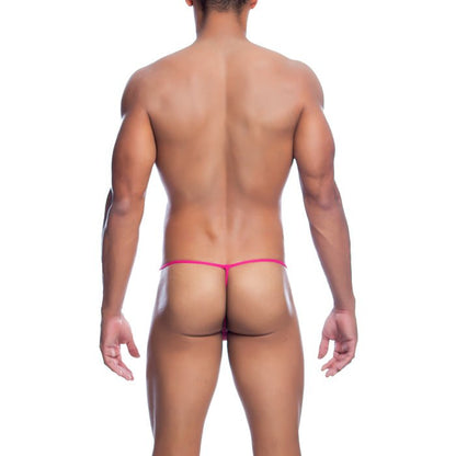 Mob men’s fishnet thong in bright pink stretchy fabric designed for a snug fit back side view