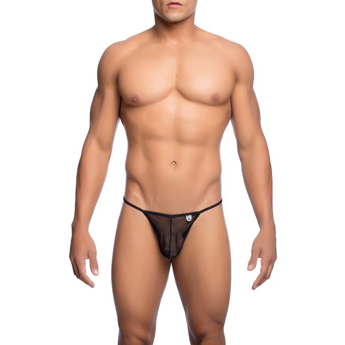Black mesh MOB men’s fishnet thong with small front logo designed for final sale underwear