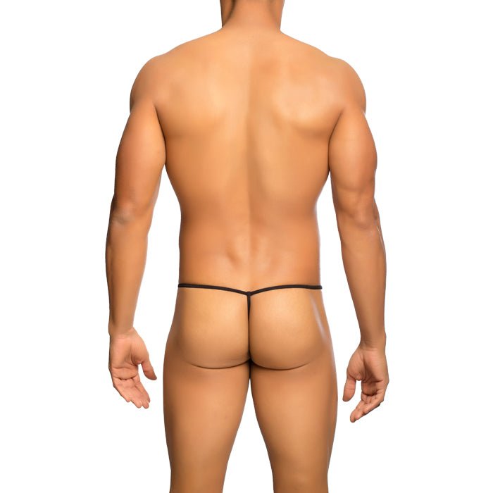 Black mob men’s fishnet thong with thin sleek design shown from the back for final sale