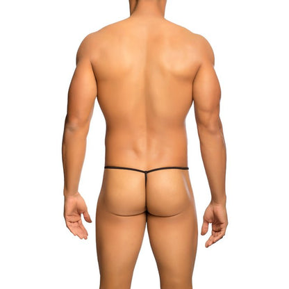 Black mob men’s fishnet thong with thin sleek design shown from the back for final sale