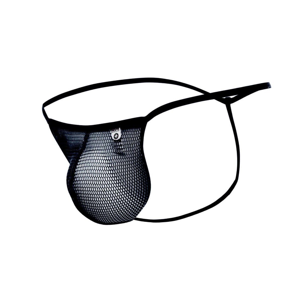 Black mesh fishnet thong with thin elastic straps and small front logo from mob mens final sale collection