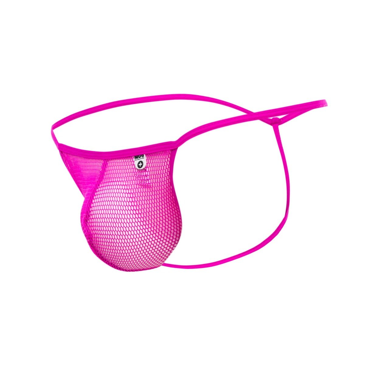 Bright pink mesh mob men’s fishnet thong with thin matching elastic straps shown from the front
