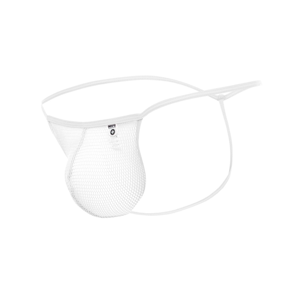 White mesh fishnet thong with thin elastic straps and small brand tag from mob mens final sale collection