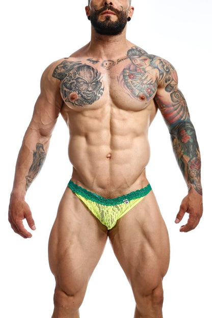 Neon green lace briefs with teal trim men’s lace jockstrap by mob for final sale