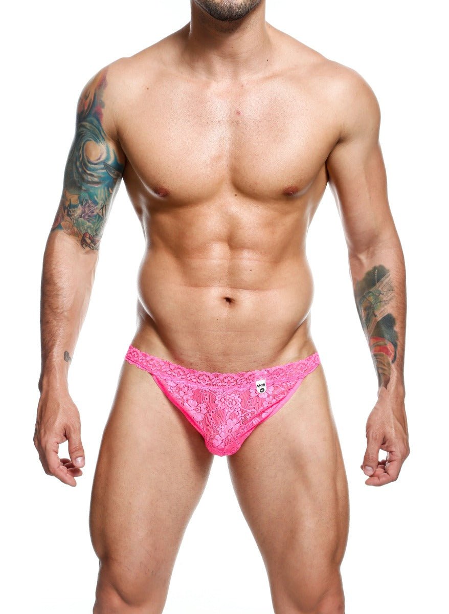 MOB men’s lace jockstrap in bright pink with a delicate floral pattern and small brand logo on the front
