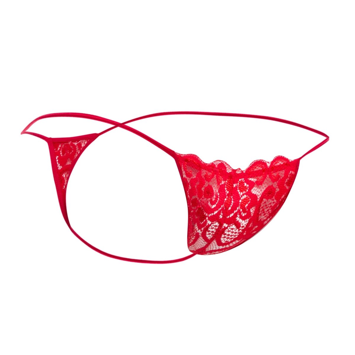 Red lace MOB men’s thong with intricate floral patterns and thin matching elastic straps visible from the back side
