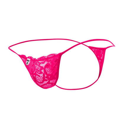 MOB men’s lace thong in bright pink with delicate floral lace and thin matching elastic straps