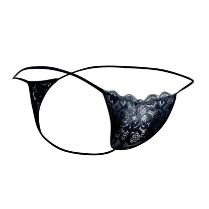 Mob men’s lace thong in black featuring delicate floral lace and thin adjustable straps for a comfortable fit