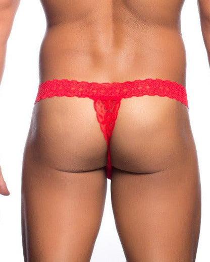 Red lace thong for men with delicate intricate pattern from mob featuring lace waist design