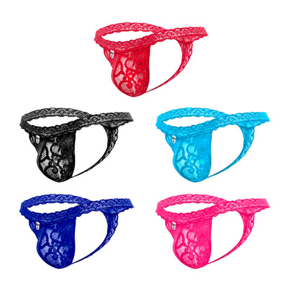 Mob men’s lace waist thong red lace thong with intricate floral pattern and sheer mesh fabric front view