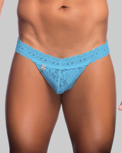 Light blue lace thong with delicate floral pattern and branded tag from mob mens lace waist thong collection