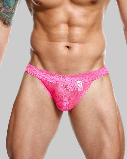 MOB men’s lace waist thong in vibrant pink with intricate floral lace and a delicate sheer design showing back view