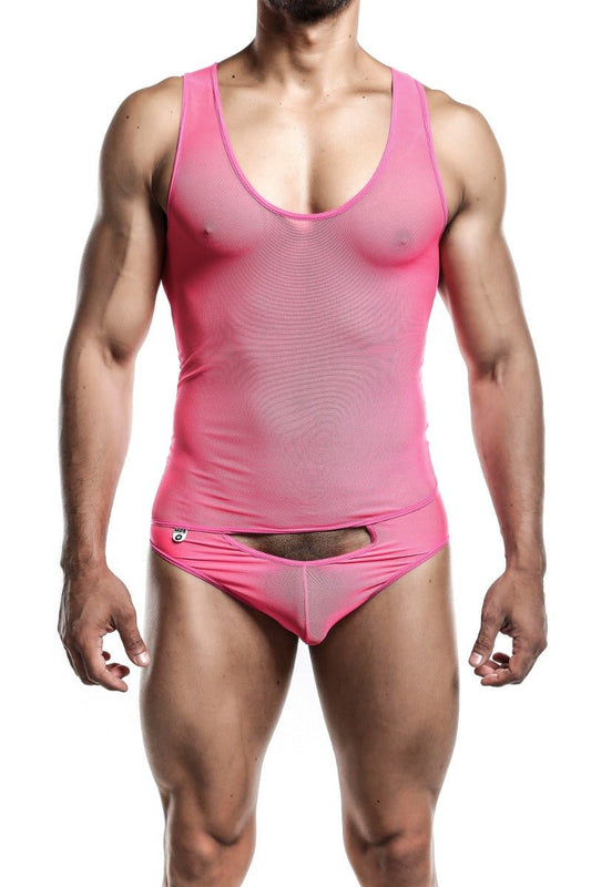 Pink mesh tank top with matching briefs featuring front cutout and small logo on waistband from mob mens sheer collection