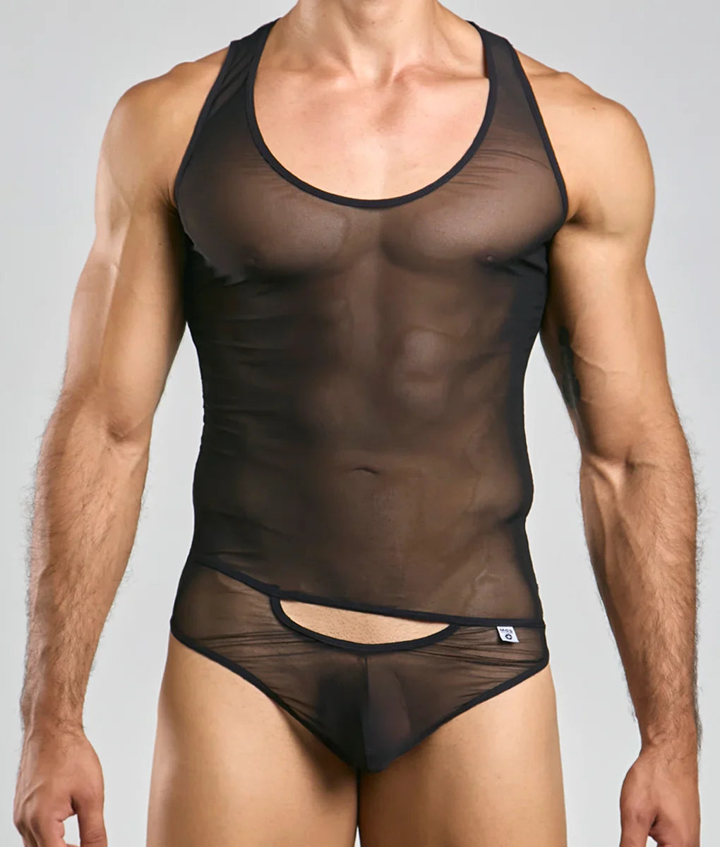 Mob men’s sexy all over sheer body black mesh tank top with black trim and waistband cutout front view