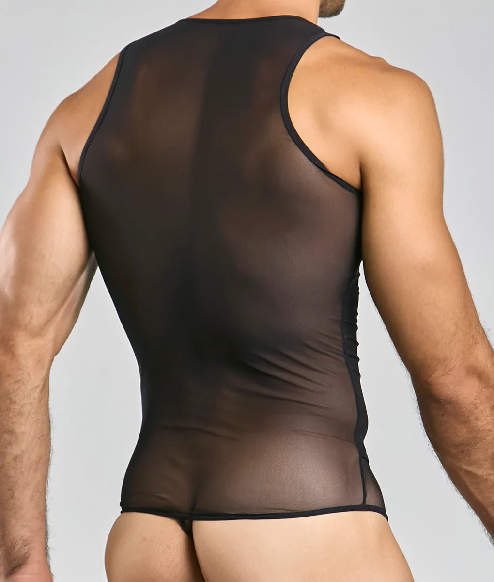 Mob men’s sexy all over sheer body black sheer mesh tank top with black trim showcasing front view
