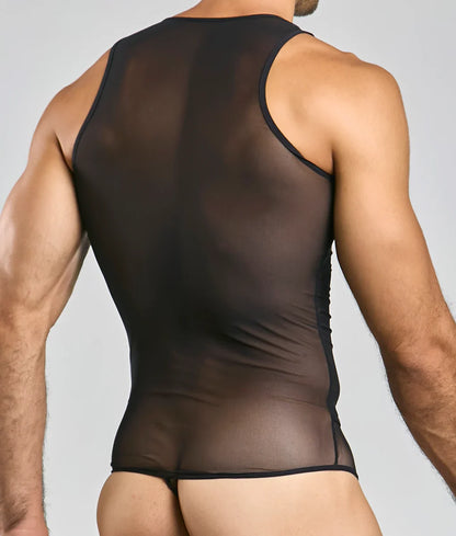 Mob men’s sexy all over sheer body black sheer mesh tank top with black trim showcasing front view
