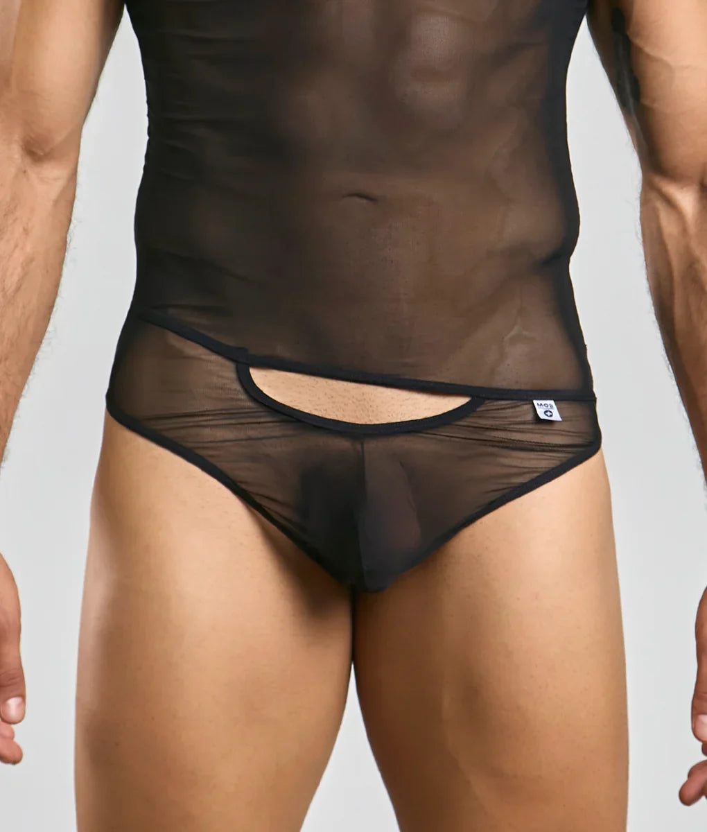 Black sheer mesh briefs with cutout design and elastic waistband from mob mens sexy all over sheer body collection