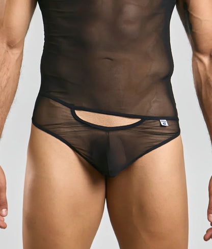 Black sheer mesh briefs with cutout design and elastic waistband from mob mens sexy all over sheer body collection