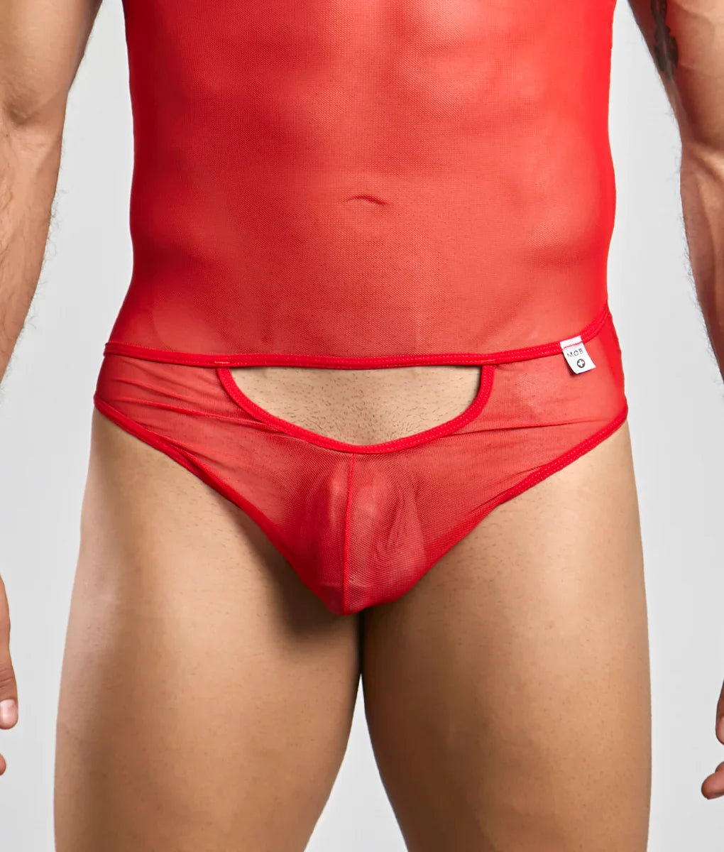 Red sheer mesh briefs with cutout design and trim from MOB men’s sexy all over sheer body collection