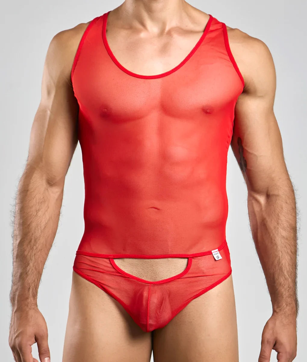 MOB men’s sexy all over sheer body in red sheer mesh tank top and briefs with bold red trim and cutout design