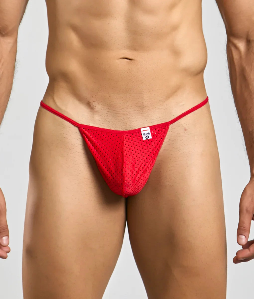 Mob men’s sexy microfiber g-string red mesh thong with small white label on the front