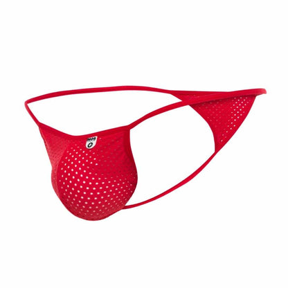 Mob men’s sexy microfiber g-string red perforated mesh thong with a small white logo on the front