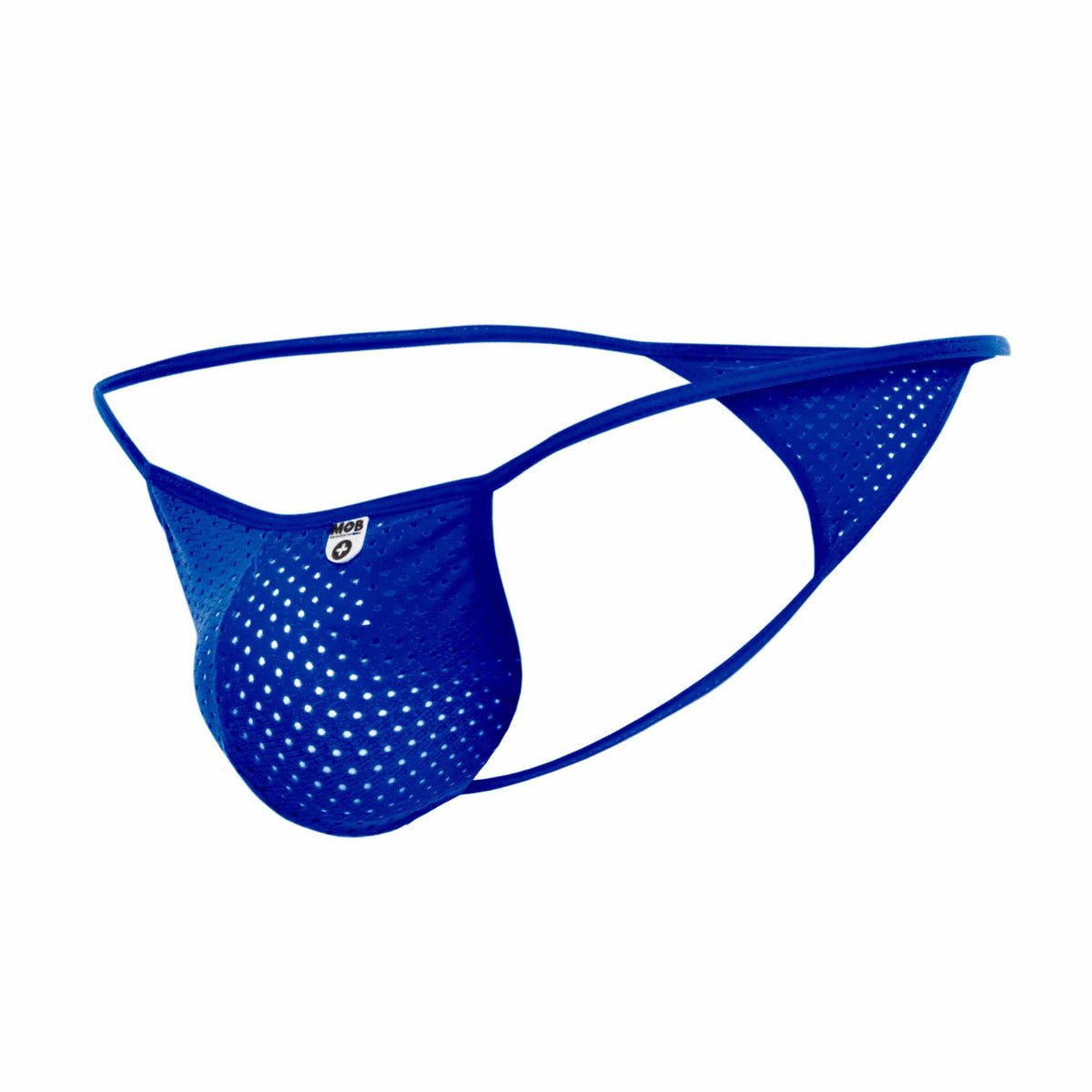 Blue mesh thong with perforated design and small side logo made from microfiber in mob mens sexy g-string style