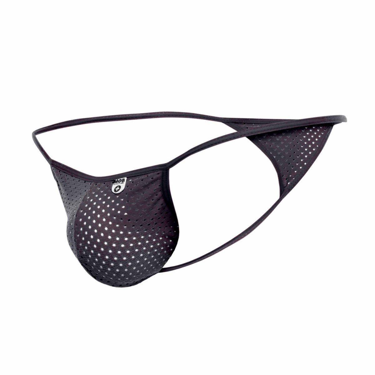 Mob men’s sexy microfiber g-string black mesh thong with white perforations and a mob logo on the front