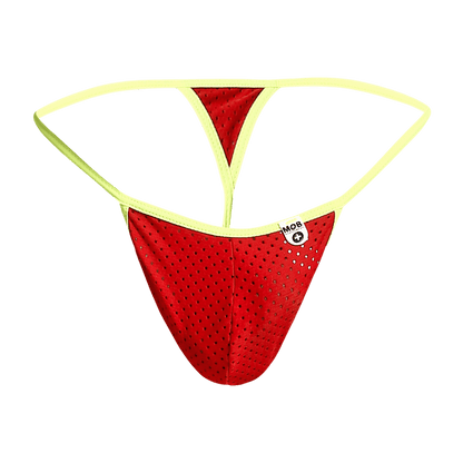 Mob men’s sexy microfiber g-string red perforated mesh thong with neon yellow trim and small white brand tag