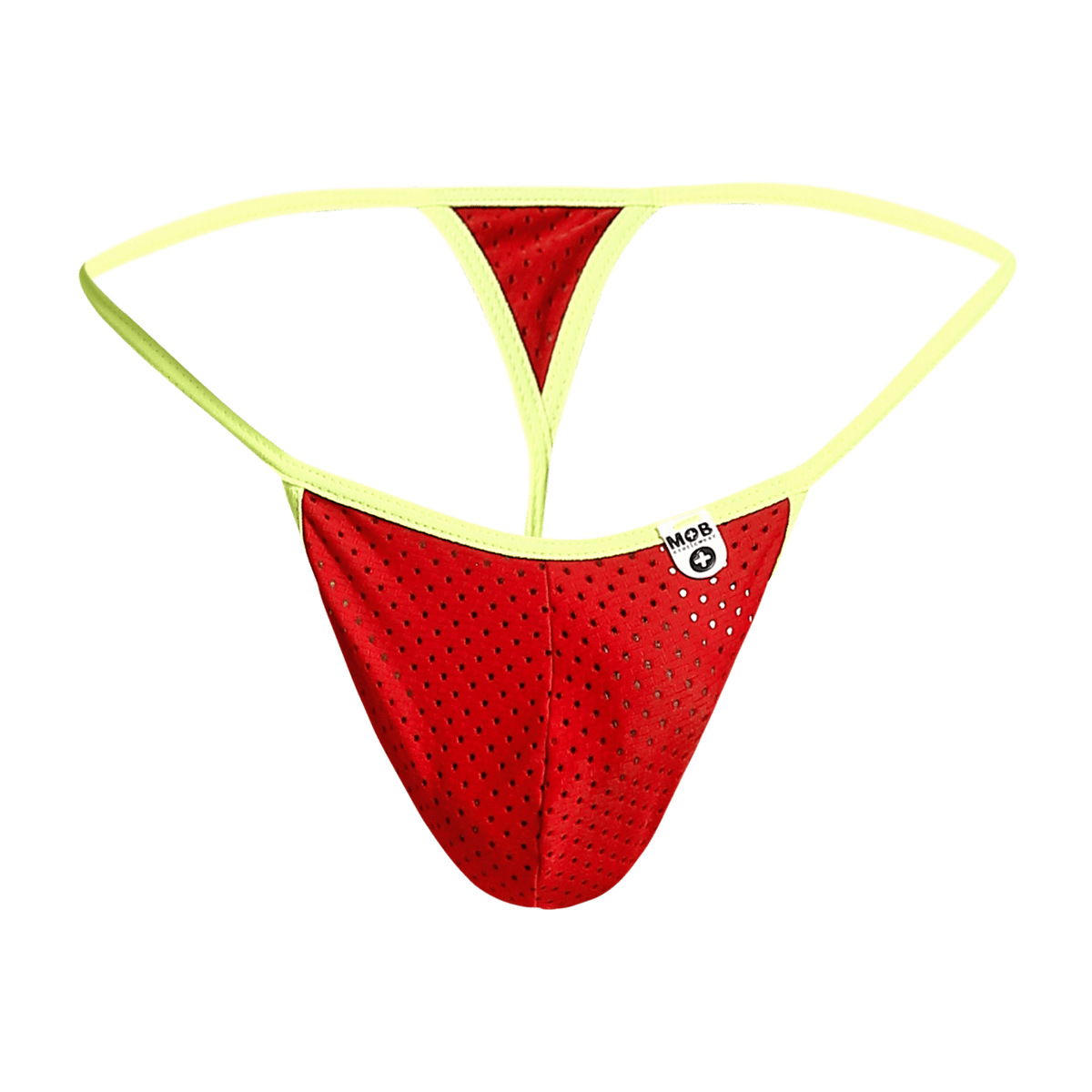 Mob men’s sexy microfiber g-string red perforated mesh thong with neon yellow trim and small white brand tag