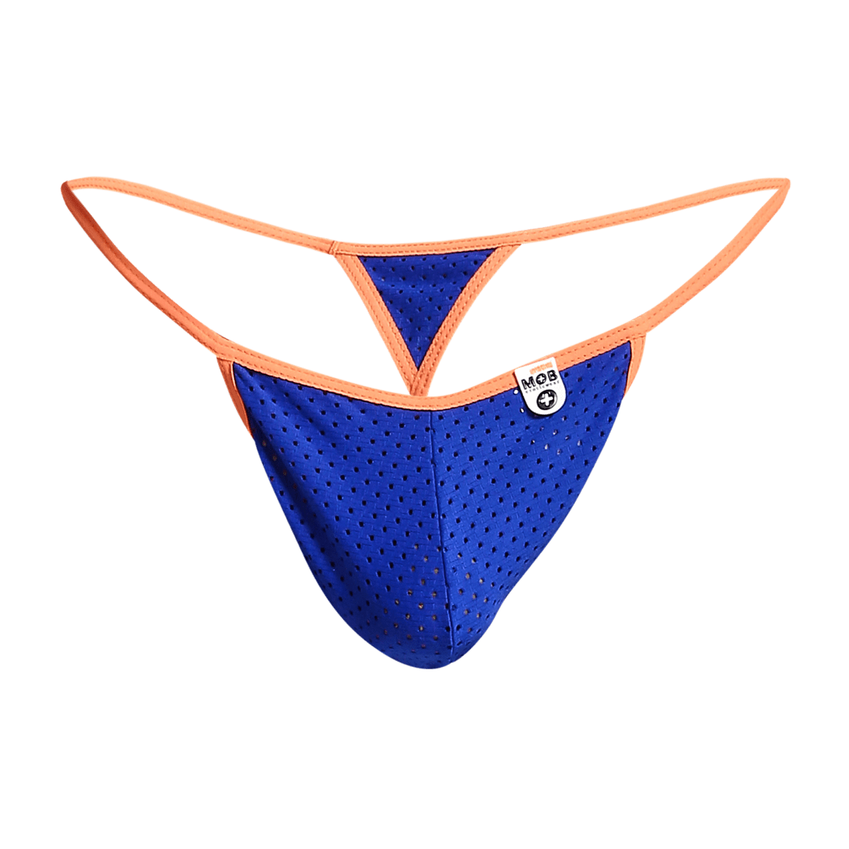 Blue perforated mesh microfiber thong with orange trim and white mob brand tag from the front side