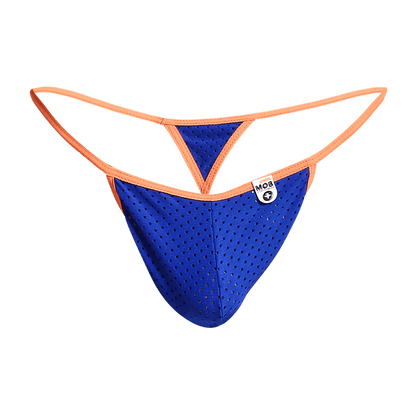 Blue perforated mesh microfiber thong with orange trim and white mob brand tag from the front side