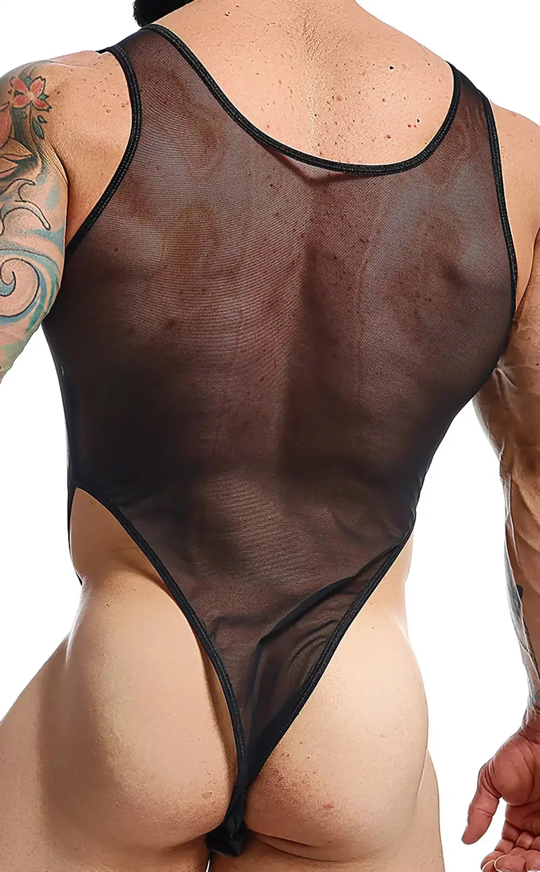 Mob men’s sexy v body black sheer mesh one-piece swimsuit with black trim and high-cut leg design
